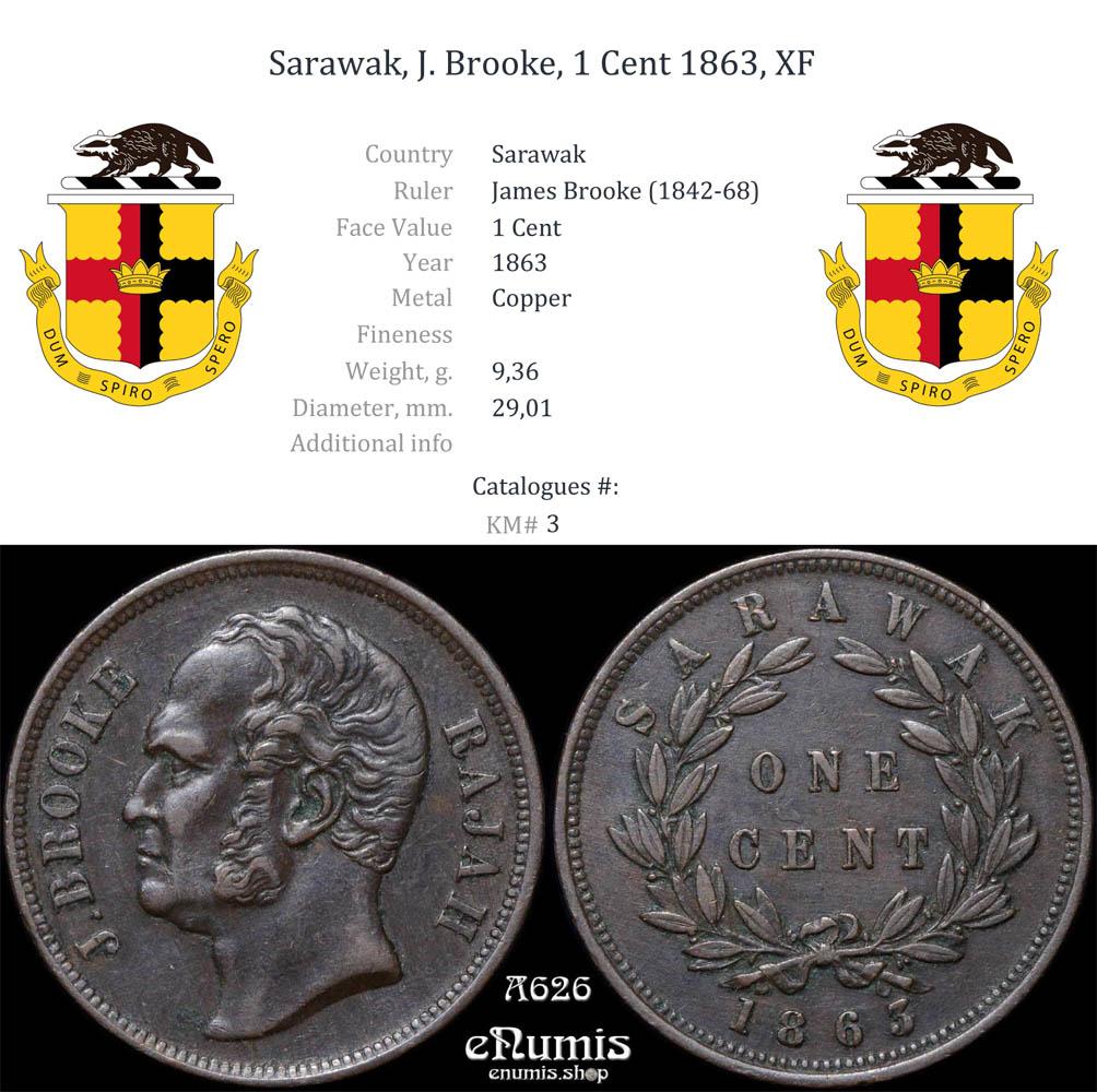 Sarawak, J. Brooke, 1 Cent 1863, XF
