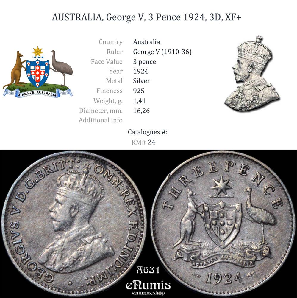 AUSTRALIA, George V, 3 Pence 1924, 3D, XF+
