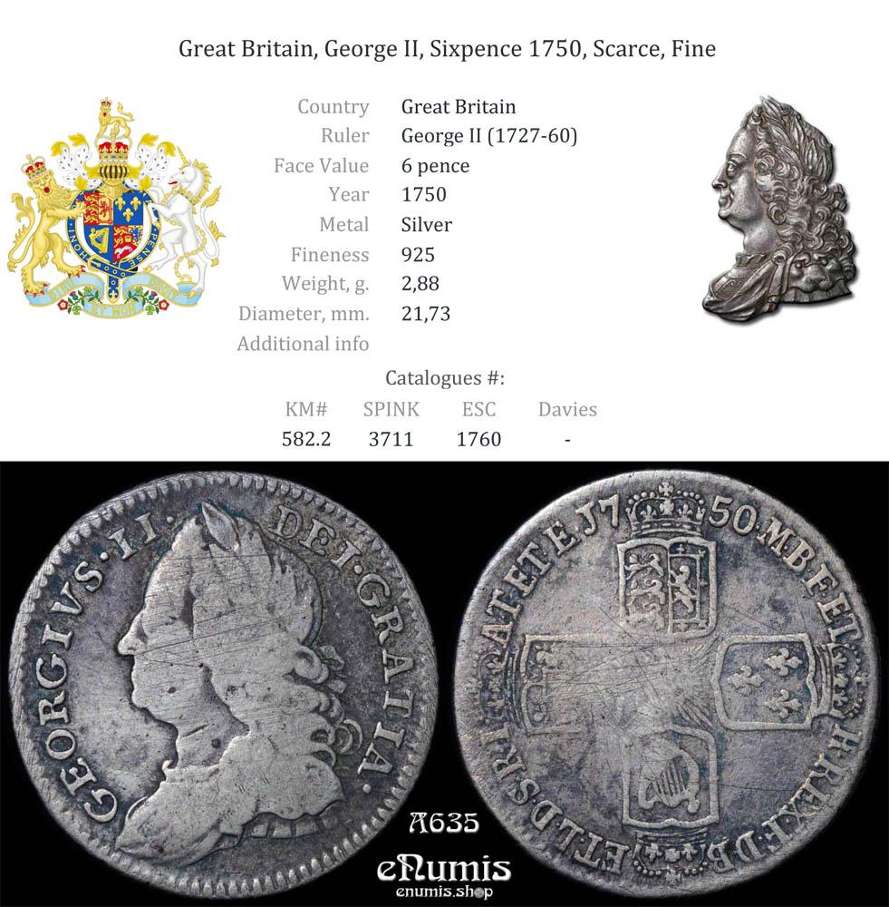 Great Britain, George II, Sixpence 1750, Scarce, Fine