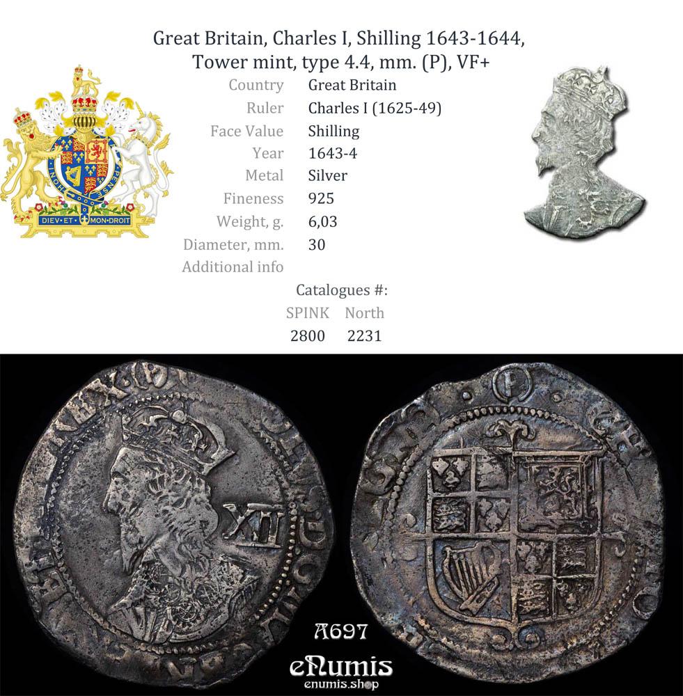 Great Britain, Charles I, Shilling 1643-1644, Tower mint, type 4.4, mm. (P), VF+