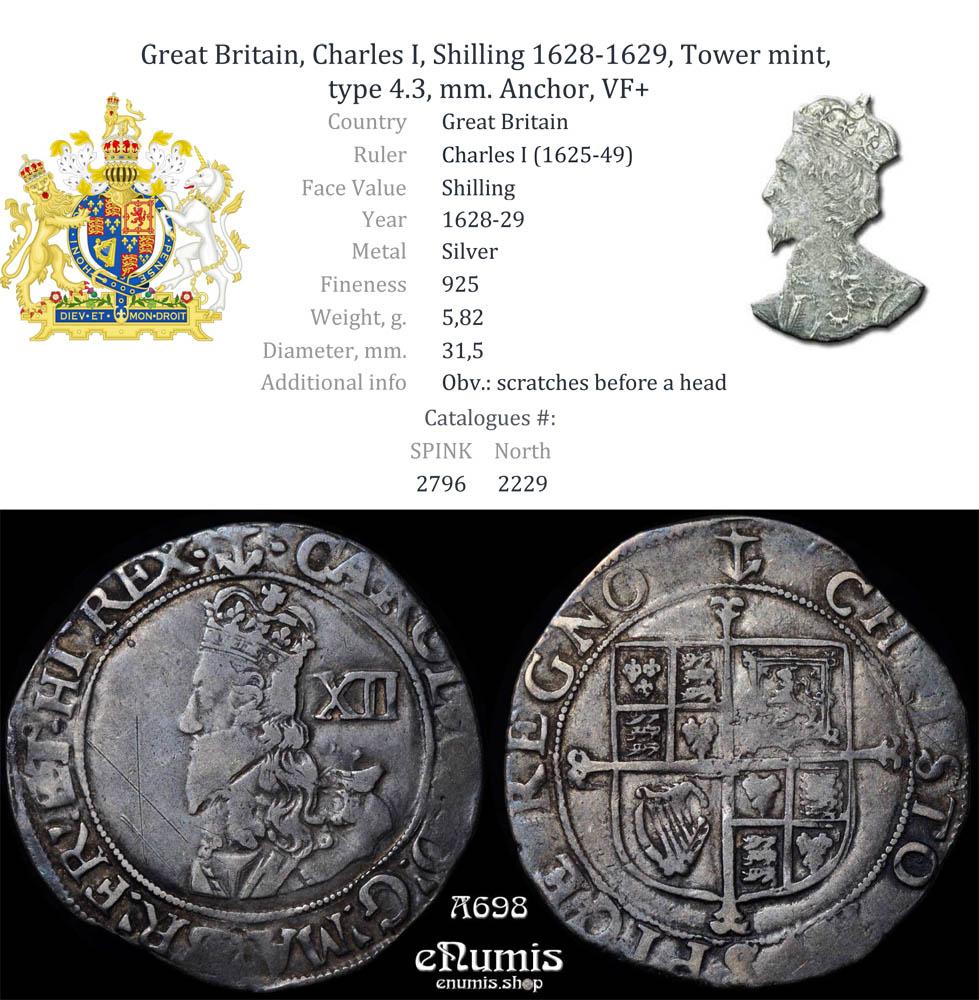 Great Britain, Charles I, Shilling 1628-1629, Tower mint, type 4.3, mm. Anchor, VF+