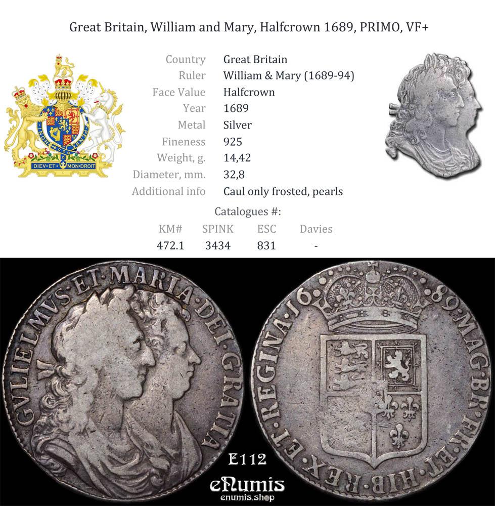 Great Britain, William and Mary, Halfcrown 1689, PRIMO, VF+ Great Britain, William and Mary, Halfcrown 1689, PRIMO, VF+