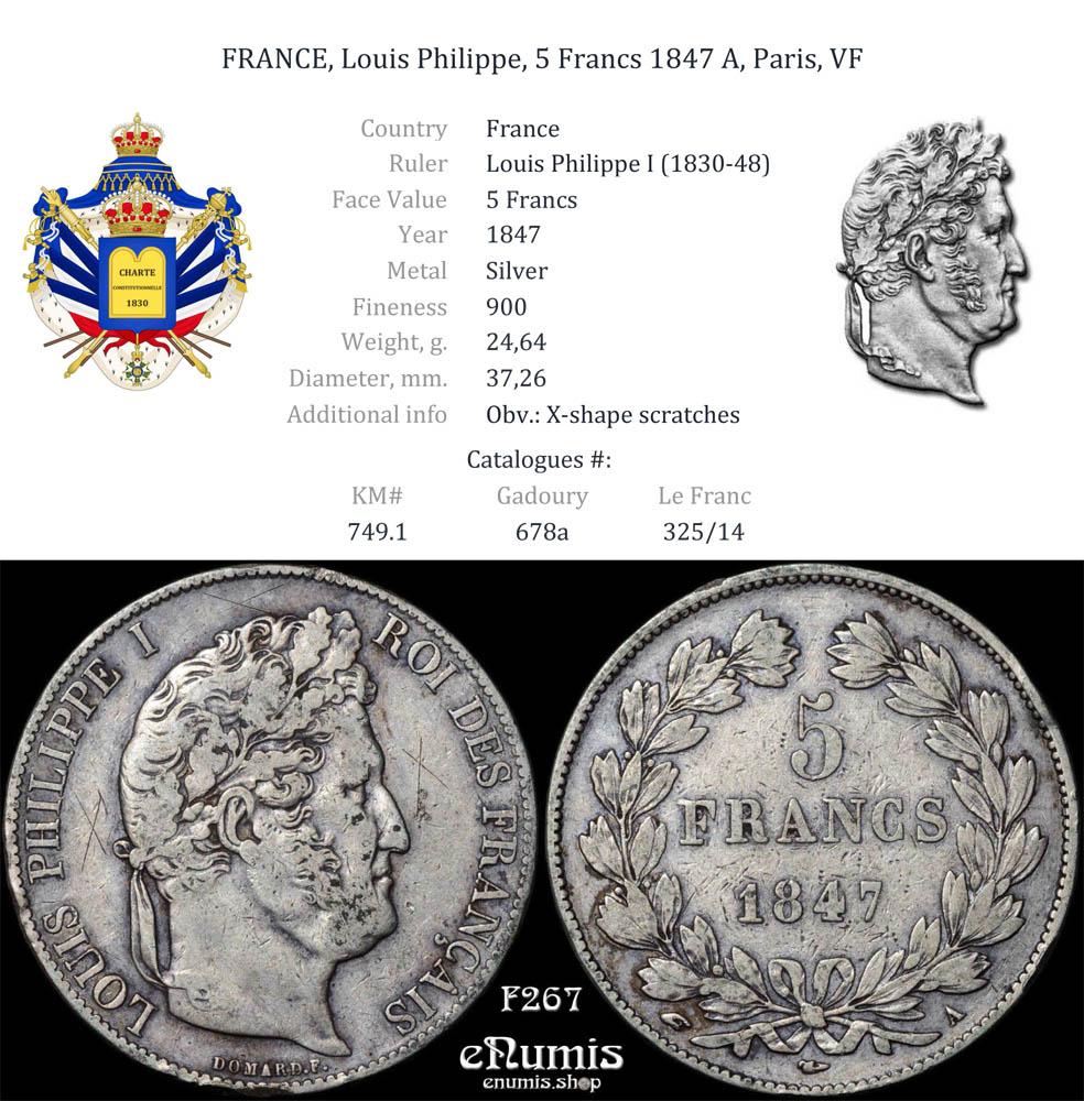 FRANCE, Louis Philippe, 5 Francs 1847 A, Paris, VF FRANCE, Louis Philippe, 5 Francs 1847 A, Paris, VF