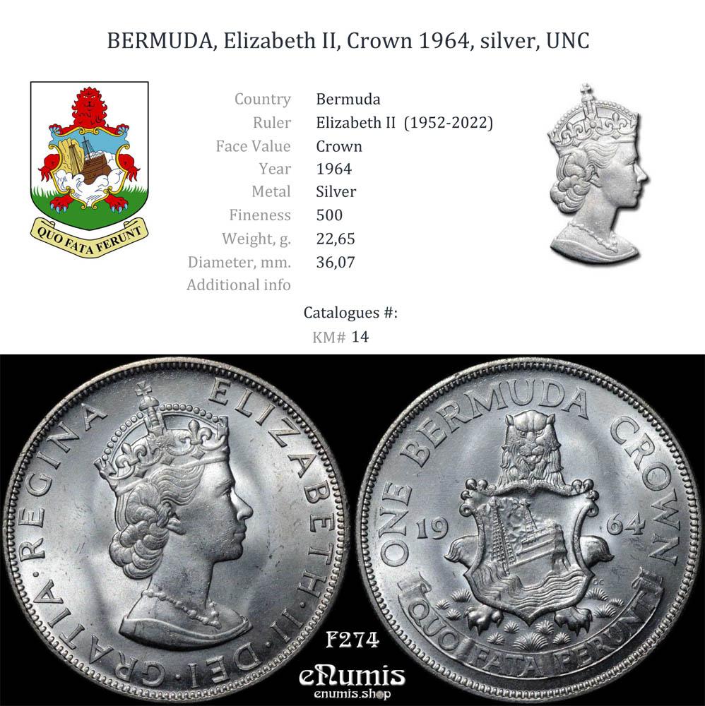 BERMUDA, Elizabeth II, Crown 1964, silver, UNC