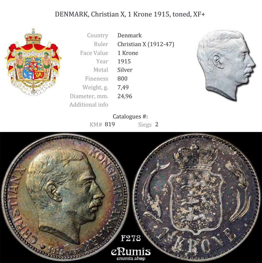 DENMARK, Christian X, 1 Krone 1915, toned, XF+