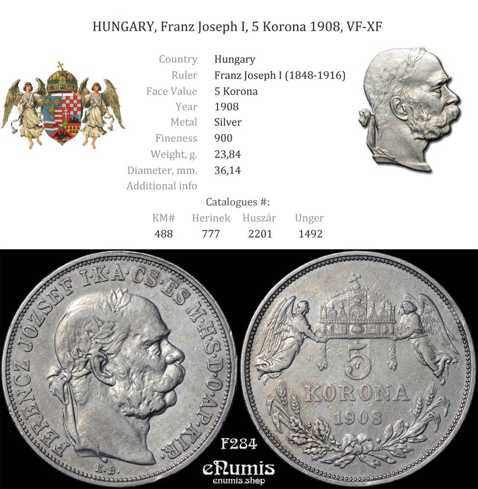 HUNGARY, Franz Joseph I, 5 Korona 1908, VF-XF