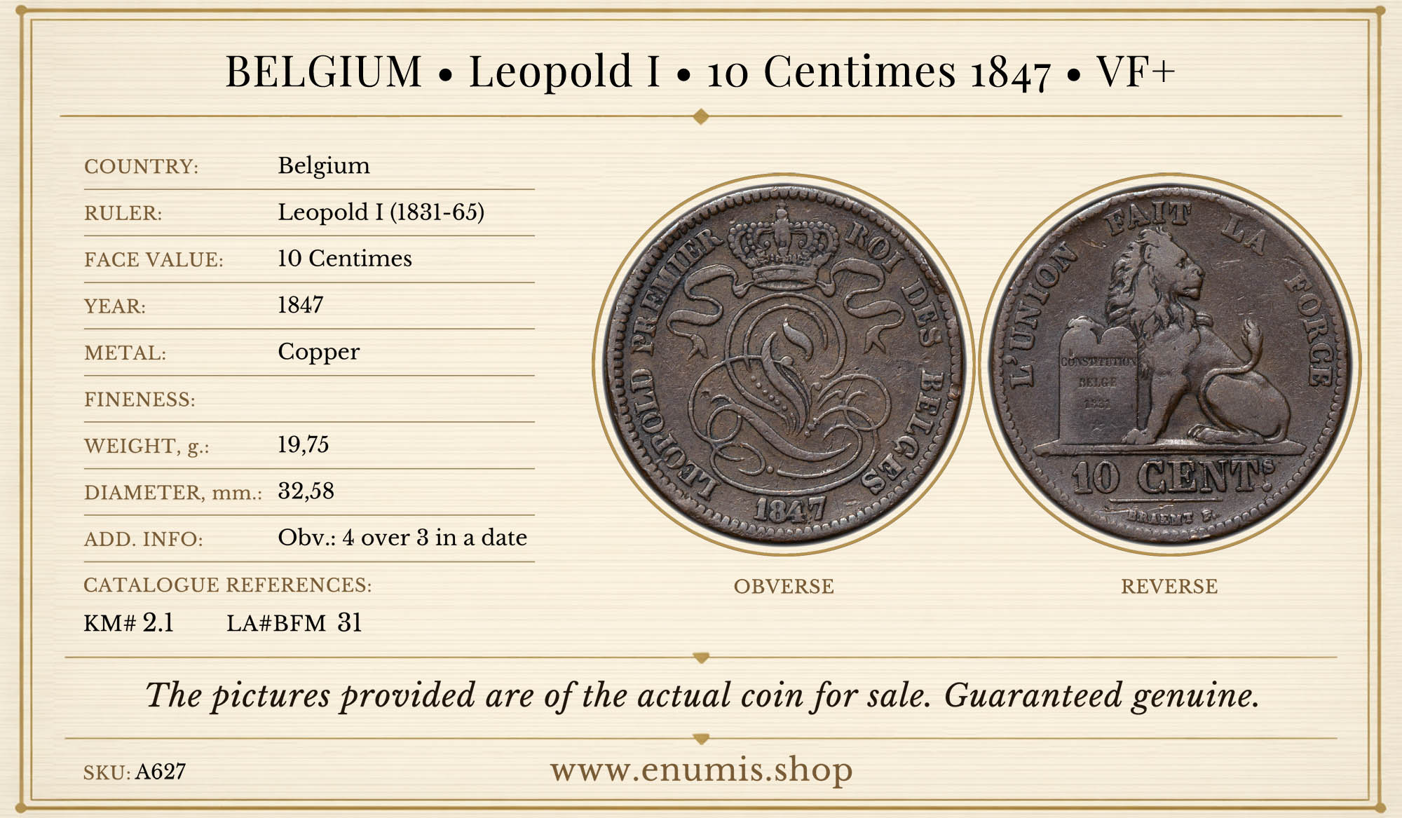 BELGIUM, Leopold I, 10 Centimes 1847, VF+