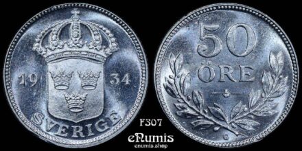SWEDEN, Gustaf V, 50 Ore 1934, silver, UNC