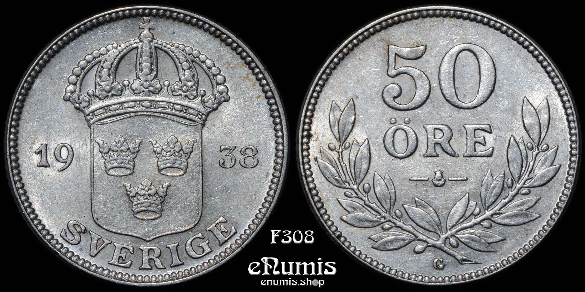 SWEDEN, Gustaf V, 50 Ore 1938, silver, XF-UNC