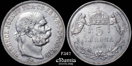 HUNGARY, Franz Joseph I, 5 Korona 1909, better date, XF+