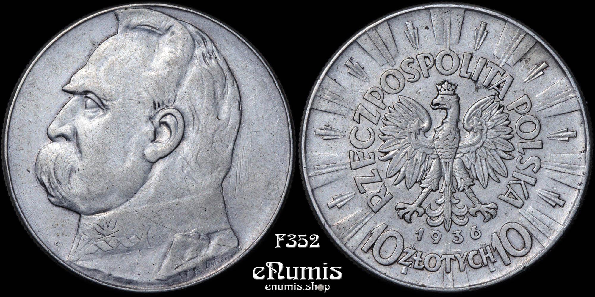 POLAND, 10 Zlotych 1936, Pilsudski, VF-XF