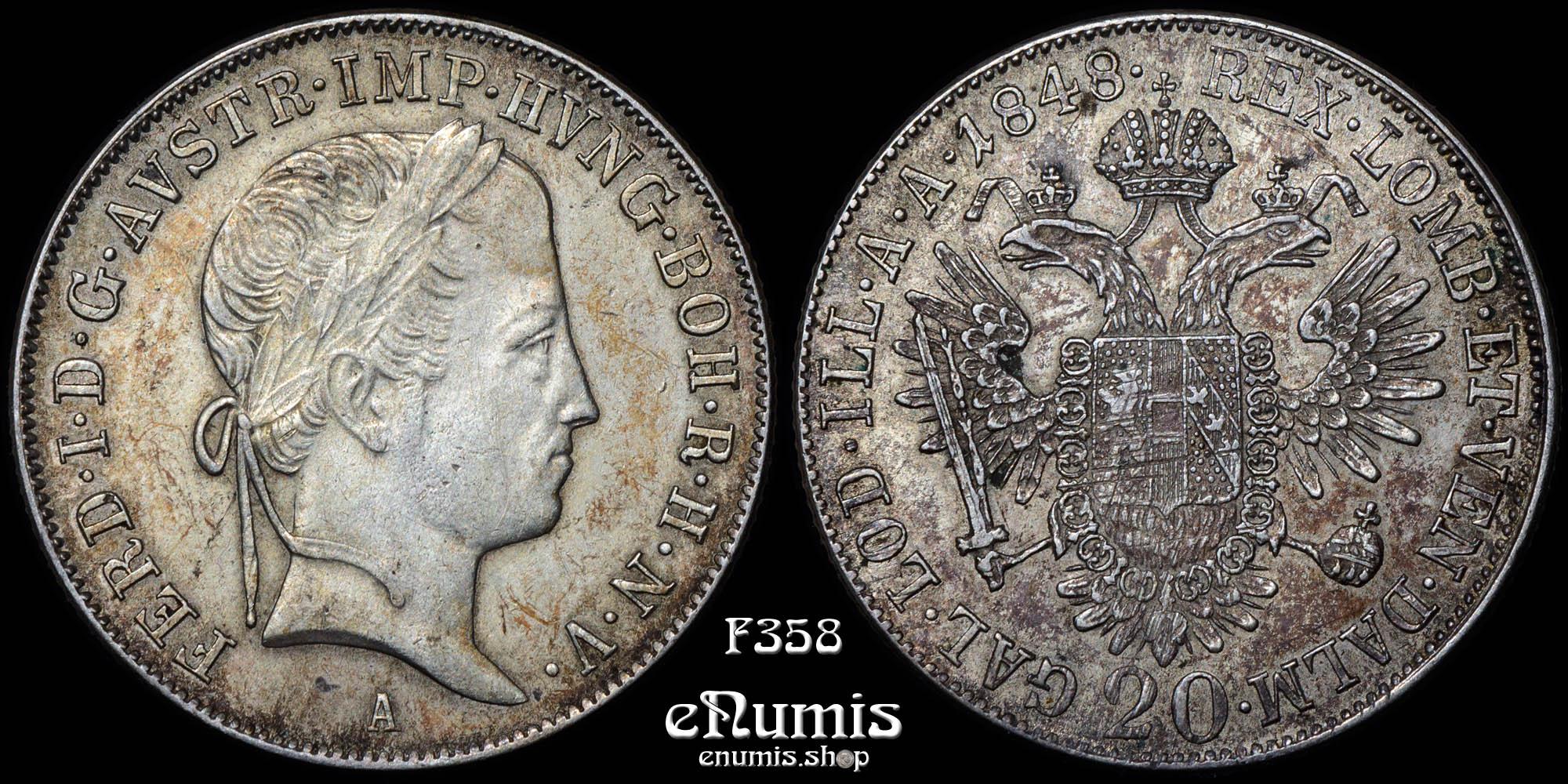 AUSTRIA, Ferdinand I, 20 Kreuzer 1848 A, XF-UNC