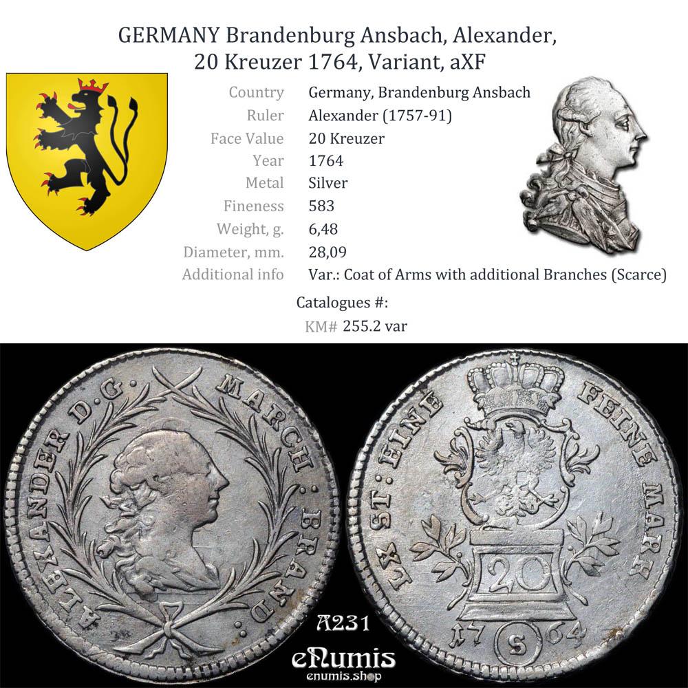 GERMANY Brandenburg Ansbach, Alexander, 20 Kreuzer 1764, Variant, aXF