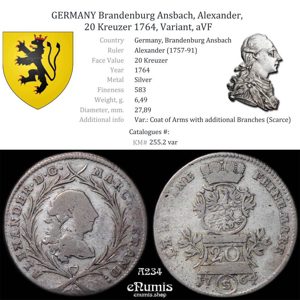 GERMANY Brandenburg Ansbach, Alexander, 20 Kreuzer 1764, Variant, aVF