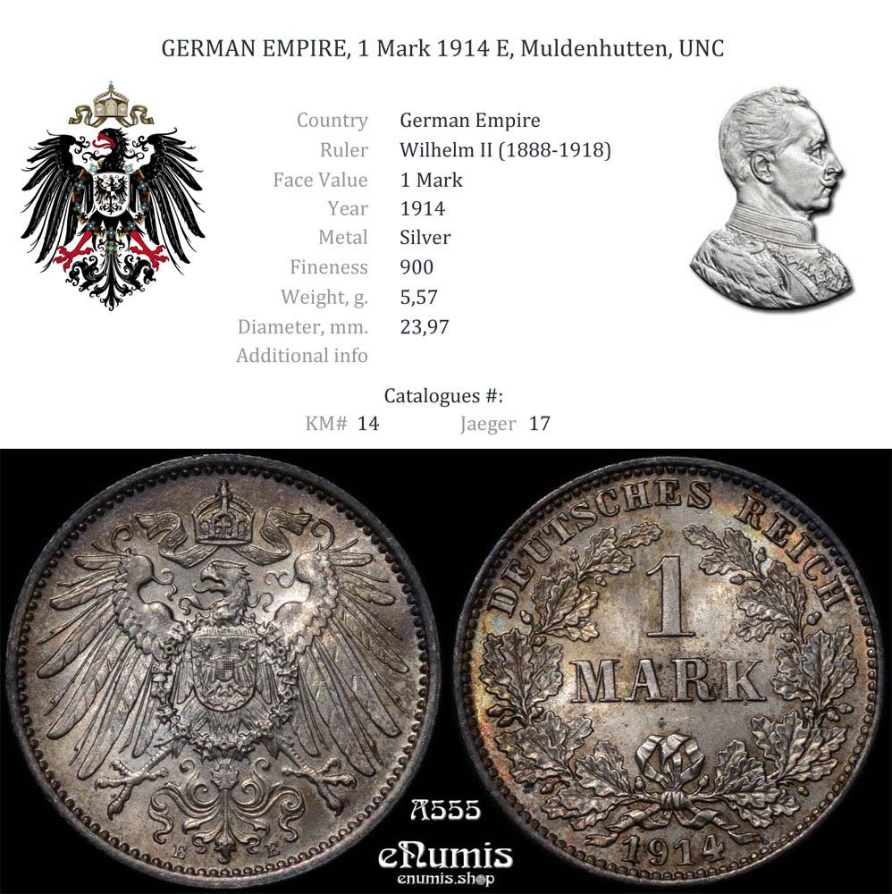GERMAN EMPIRE, 1 Mark 1914 E, Muldenhutten, UNC