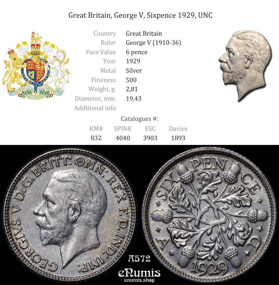 Great Britain, George V, Sixpence 1929, UNC Great Britain, George V, Sixpence 1929, UNC