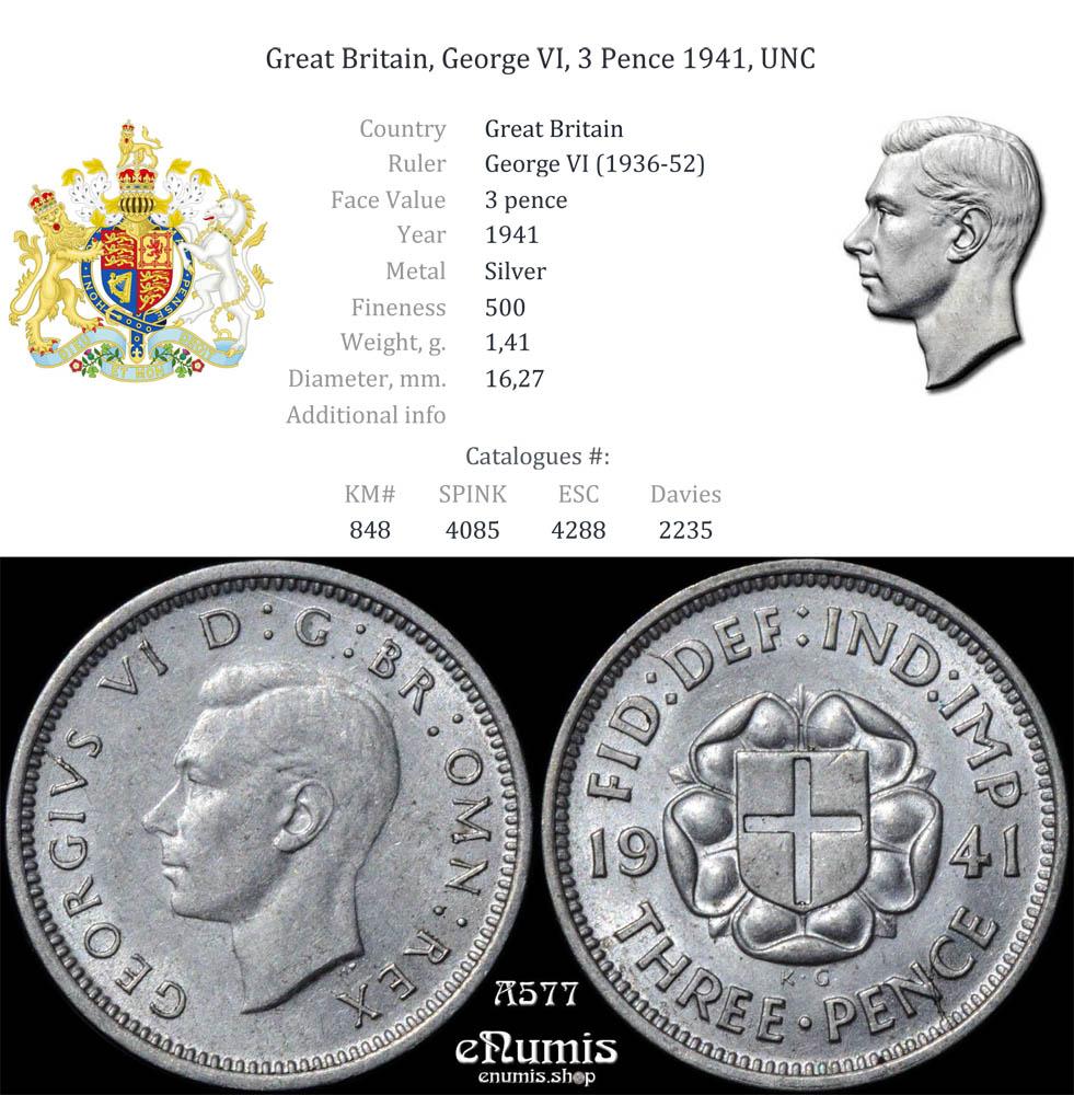 Great Britain, George VI, 3 Pence 1941, UNC