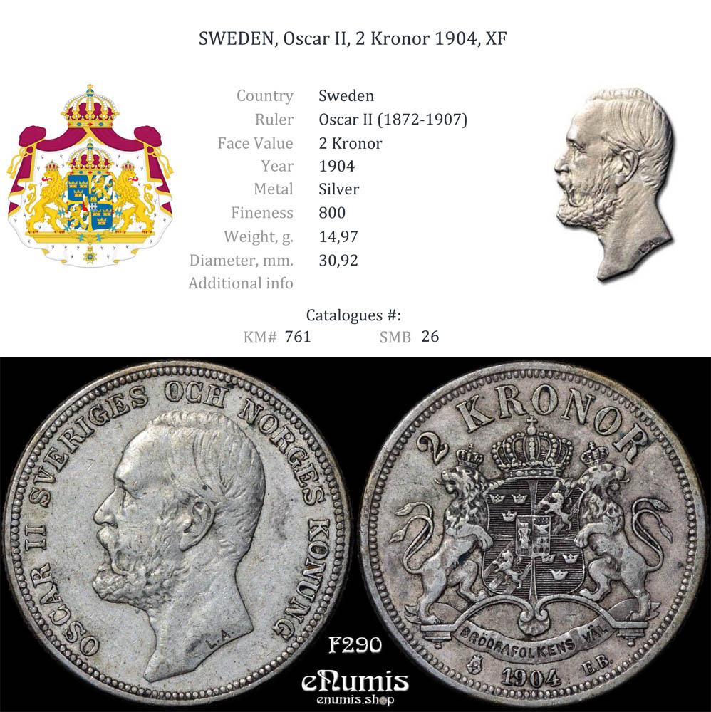 SWEDEN, Oscar II, 2 Kronor 1904, XF