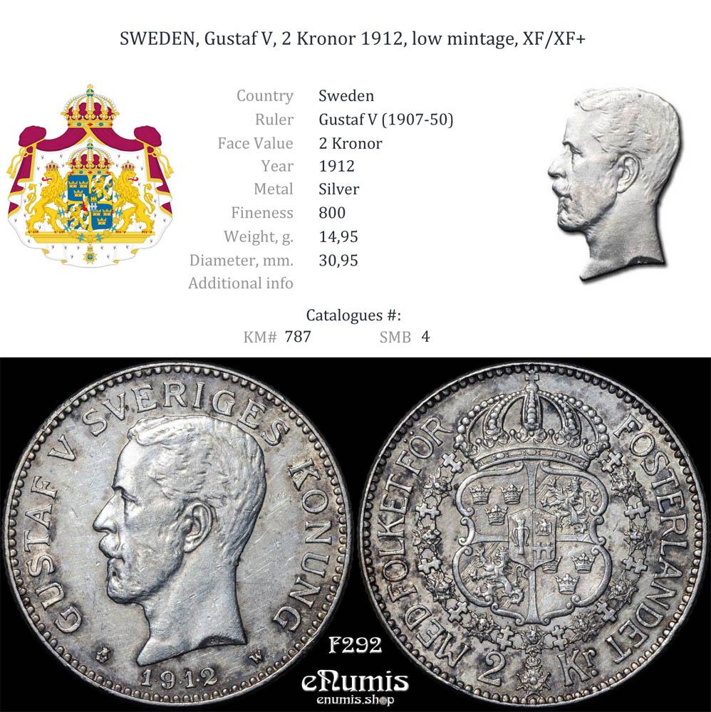SWEDEN, Gustaf V, 2 Kronor 1912, low mintage, XF/XF+