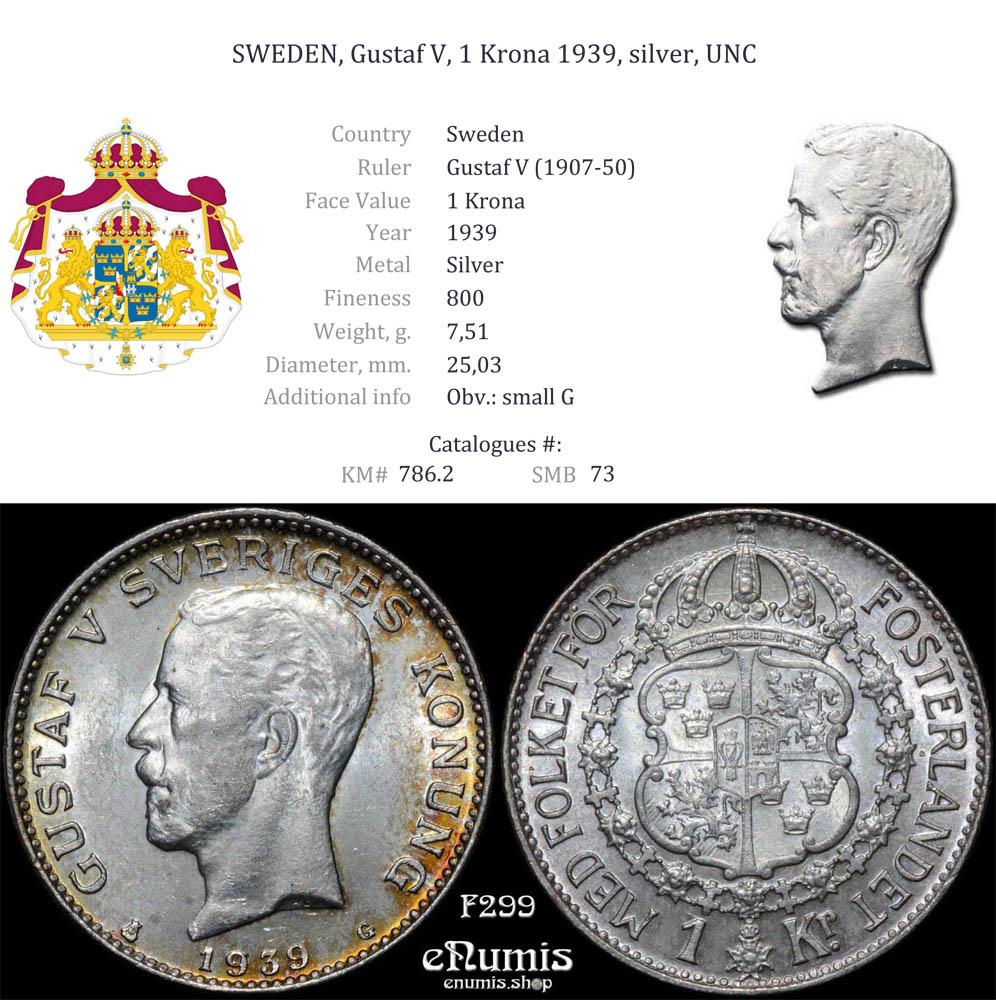 SWEDEN, Gustaf V, 1 Krona 1939, silver, UNC