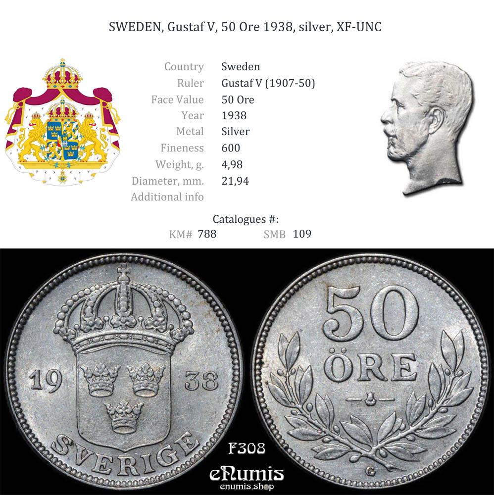 SWEDEN, Gustaf V, 50 Ore 1938, silver, XF-UNC