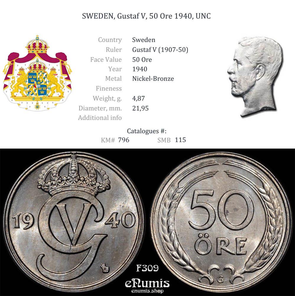 SWEDEN, Gustaf V, 50 Ore 1940, UNC