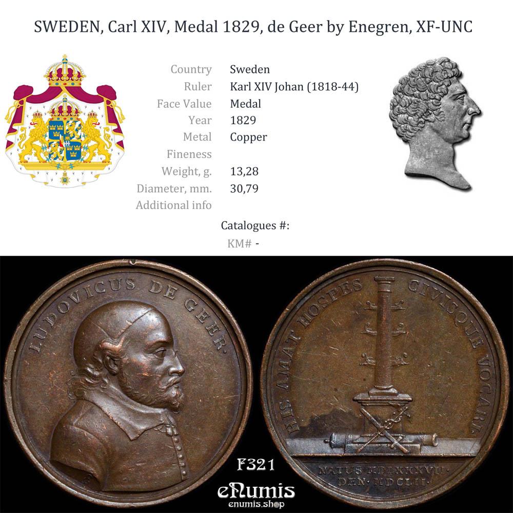 SWEDEN, Carl XIV, Medal 1829, de Geer by Enegren, XF-UNC