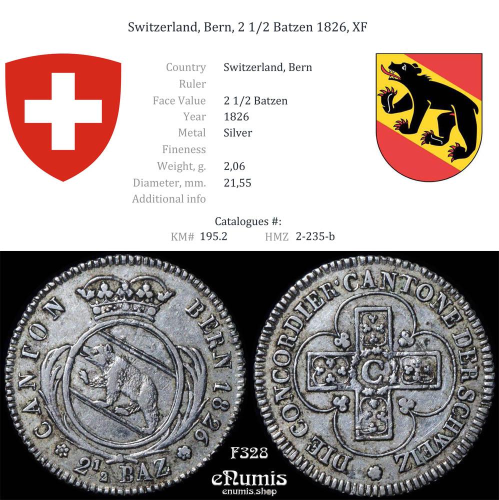Switzerland, Bern, 2 1/2 Batzen 1826, XF Switzerland, Bern, 2 1/2 Batzen 1826, XF
