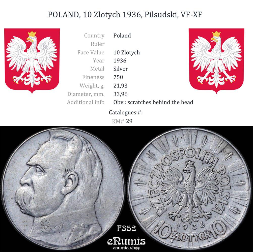 POLAND, 10 Zlotych 1936, Pilsudski, VF-XF