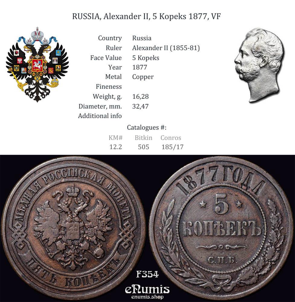 RUSSIA, Alexander II, 5 Kopeks 1877, VF