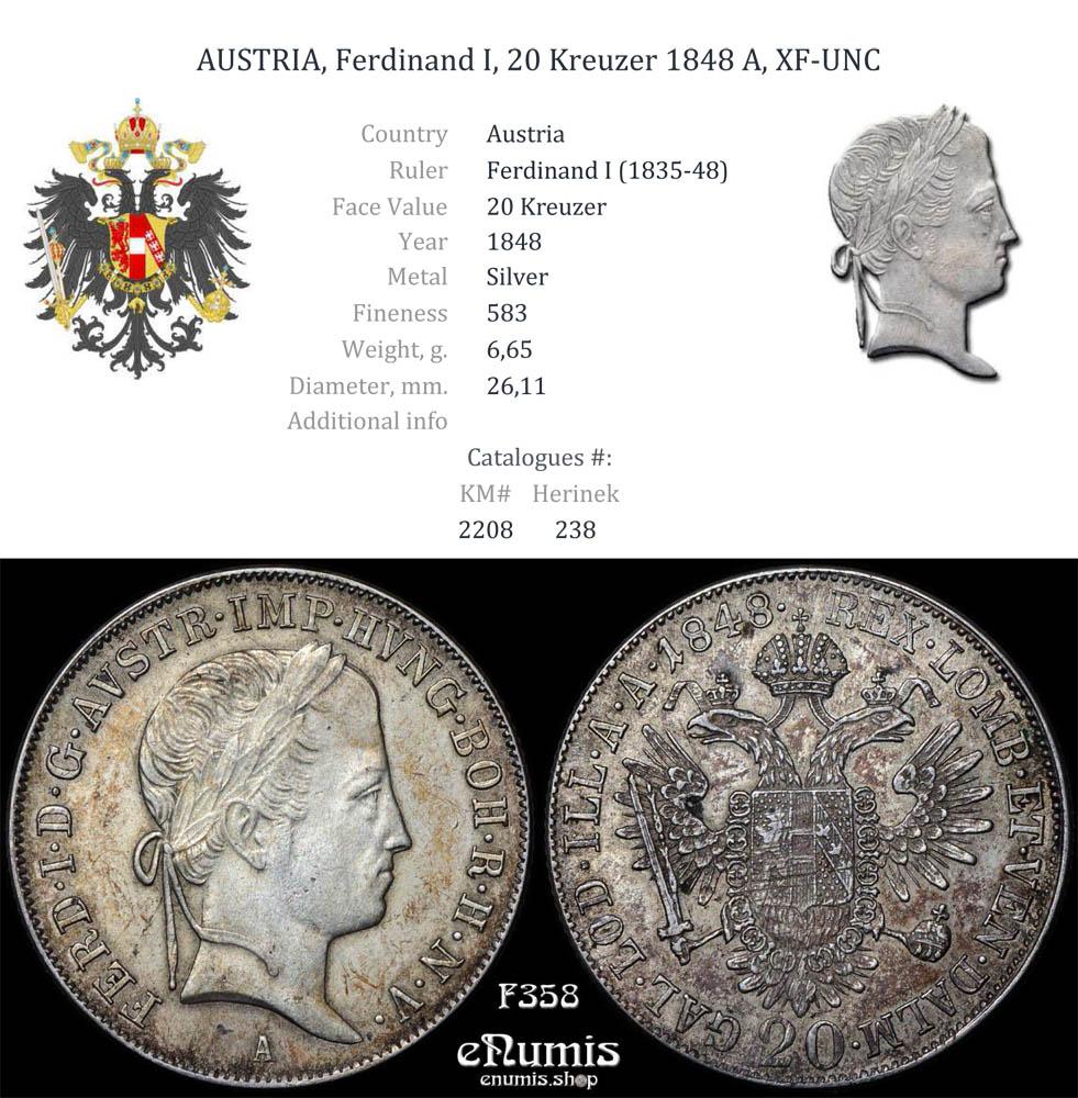AUSTRIA, Ferdinand I, 20 Kreuzer 1848 A, XF-UNC