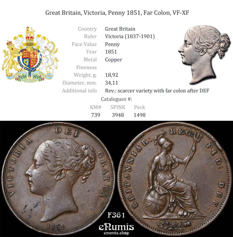 Great Britain, Victoria, Penny 1851, Far Colon, VF-XF