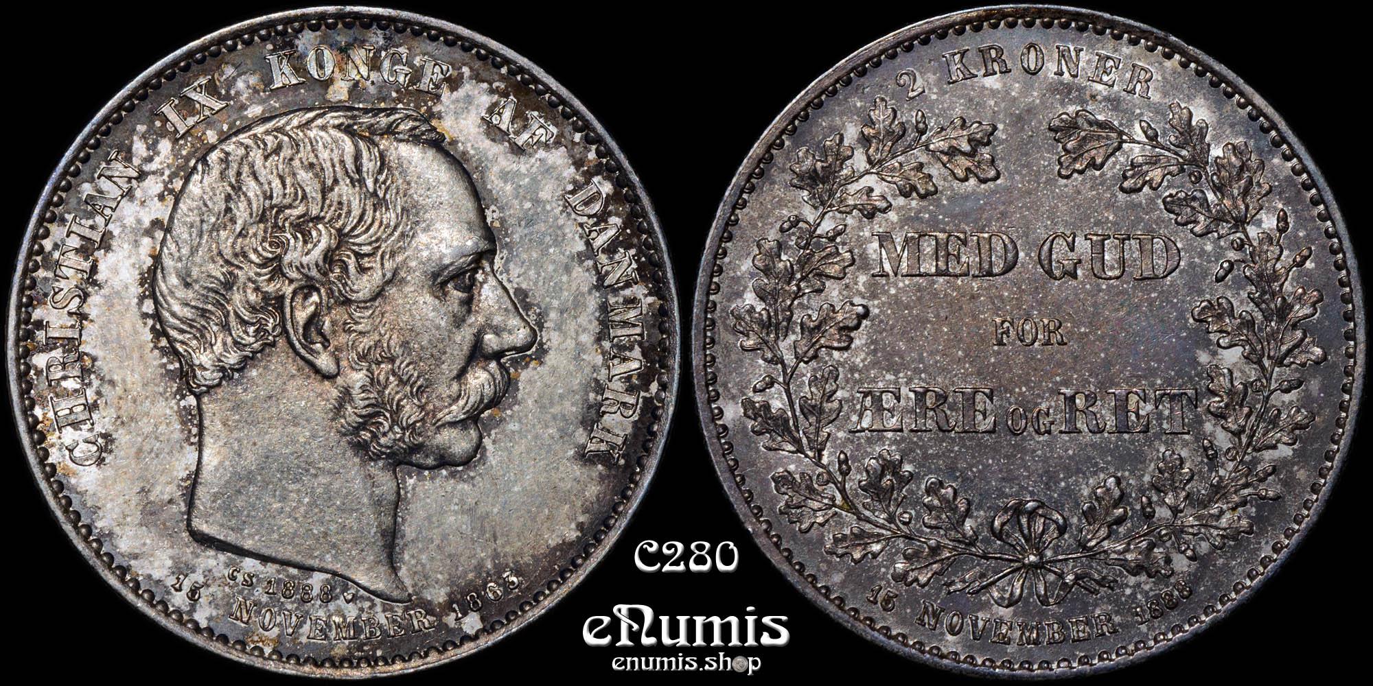 DENMARK, Christian IX, 2 Kroner 1888, 25th Anniversary of Reign, UNC