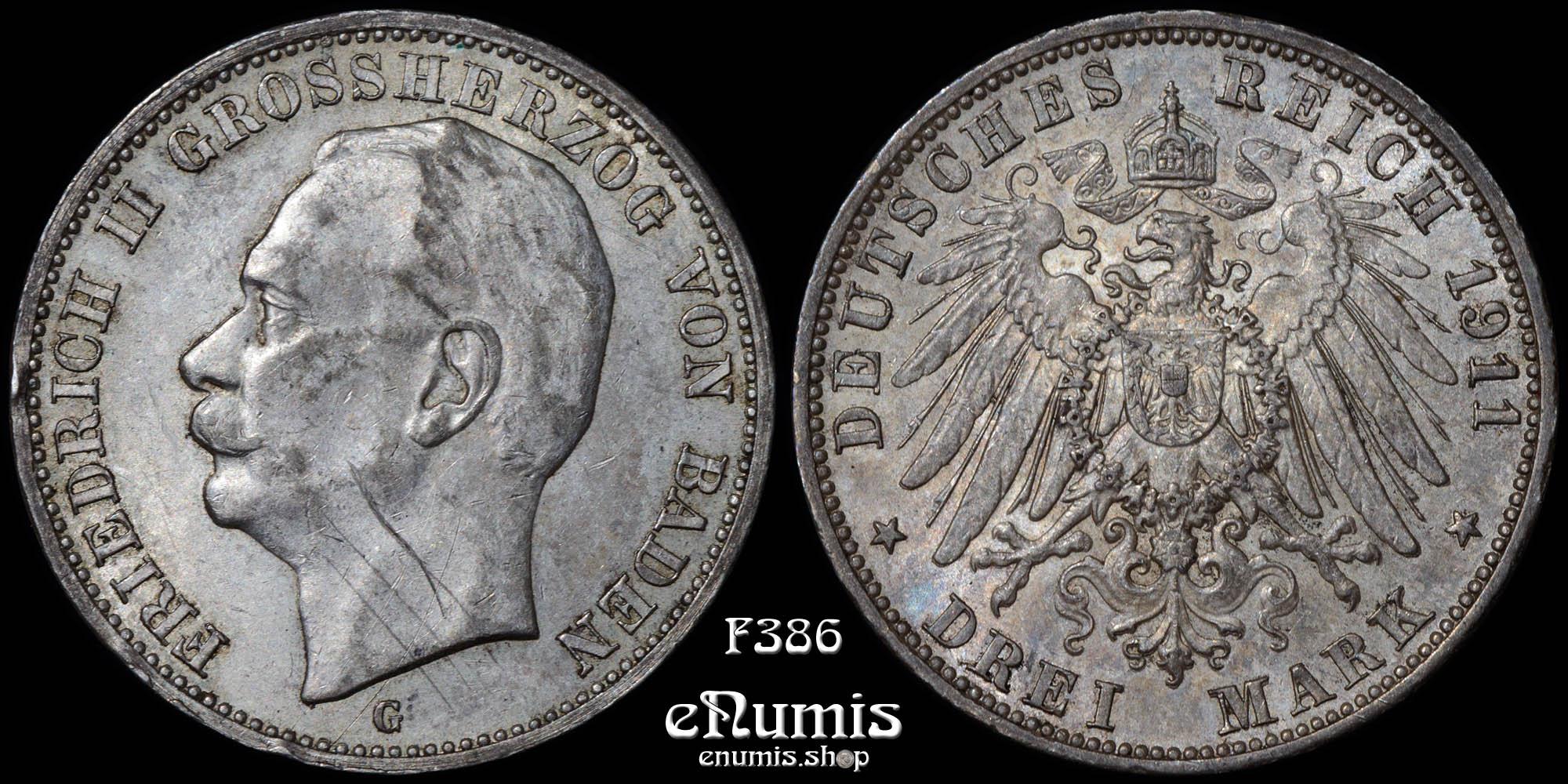 GERMANY BADEN, Friedrich II, 3 Mark 1911, XF+