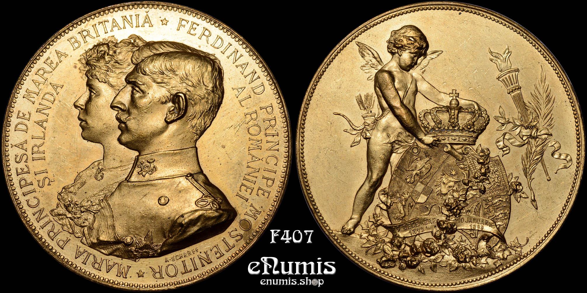 ROMANIA, Carol I, Gilt Bronze Wedding Medal 1893 by Scharff, Ferdinand & Maria