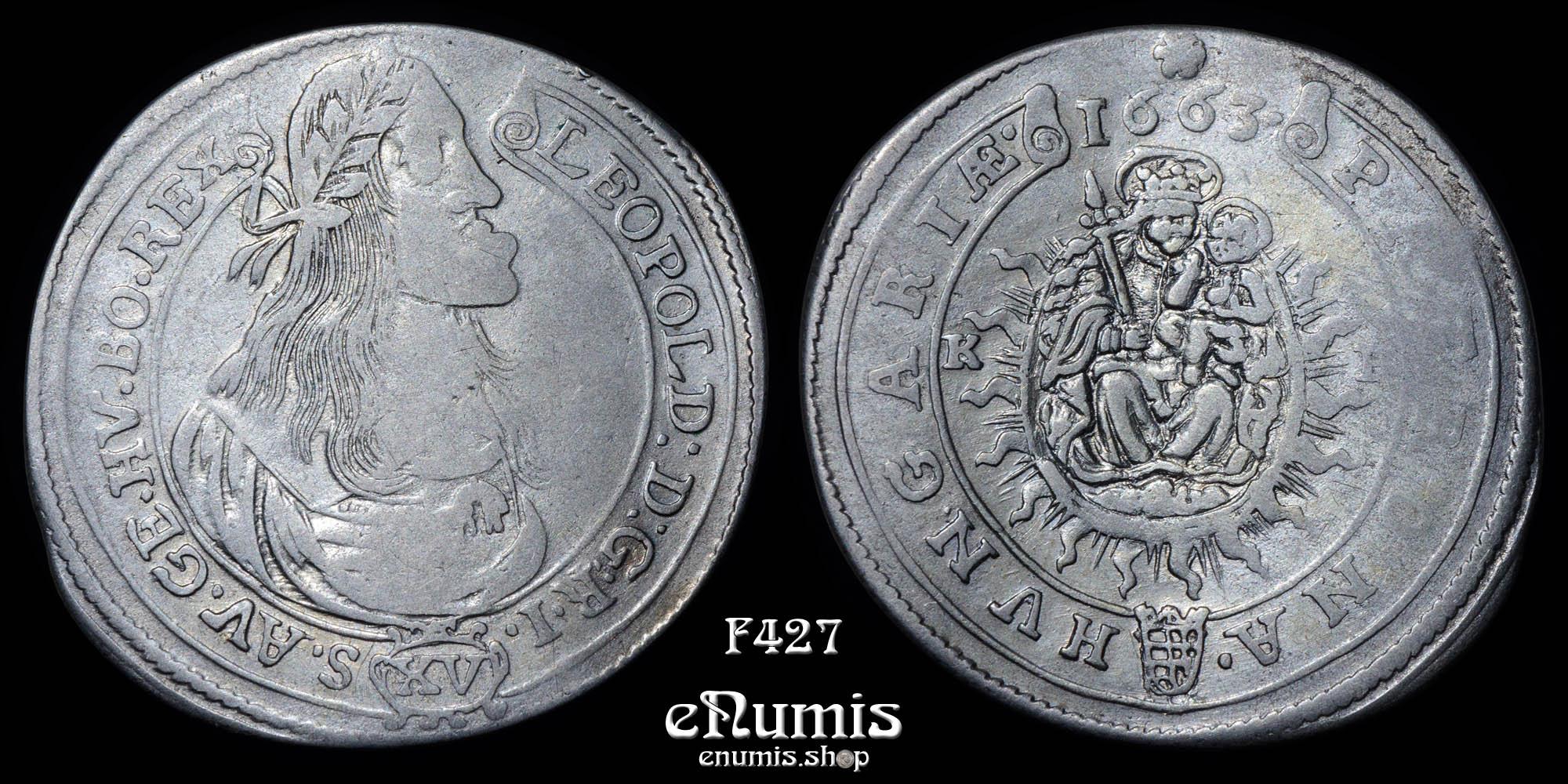 AUSTRIA, HUNGARY, Leopold I, 15 Kreuzer Krajcár 1663 KB, Kremnitz, VF+