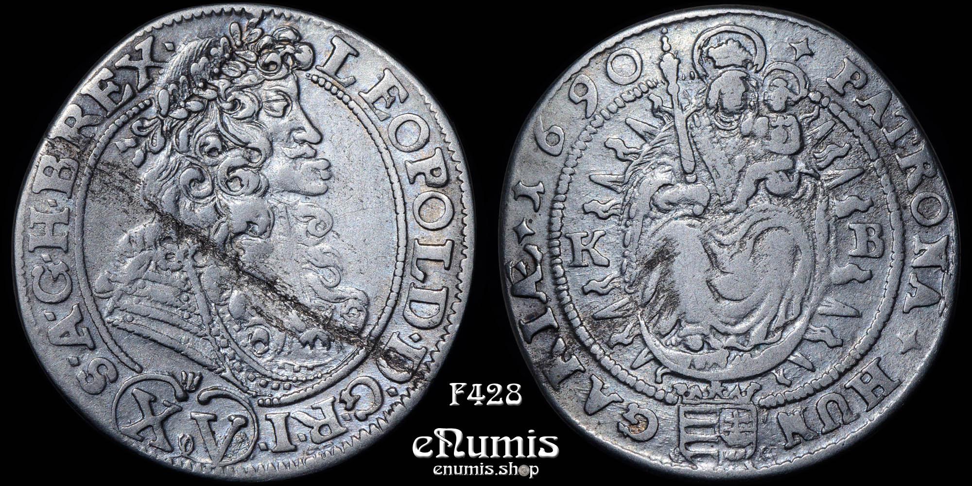AUSTRIA, HUNGARY, Leopold I, 15 Kreuzer Krajcár 1690 KB, Kremnitz, VF+