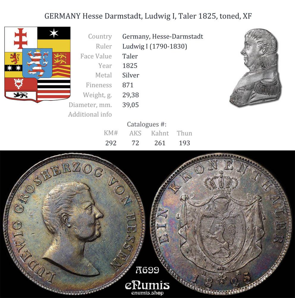 GERMANY Hesse Darmstadt, Ludwig I, Taler 1825, toned, XF