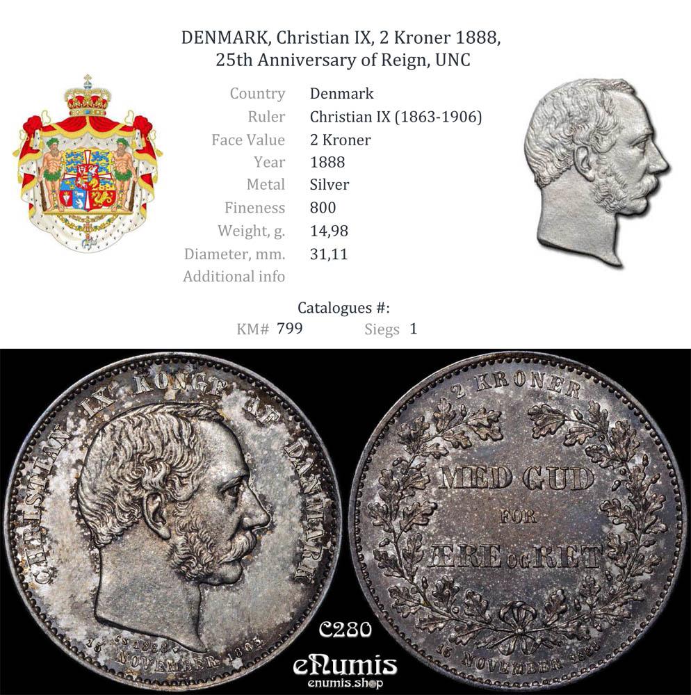 DENMARK, Christian IX, 2 Kroner 1888, 25th Anniversary of Reign, UNC