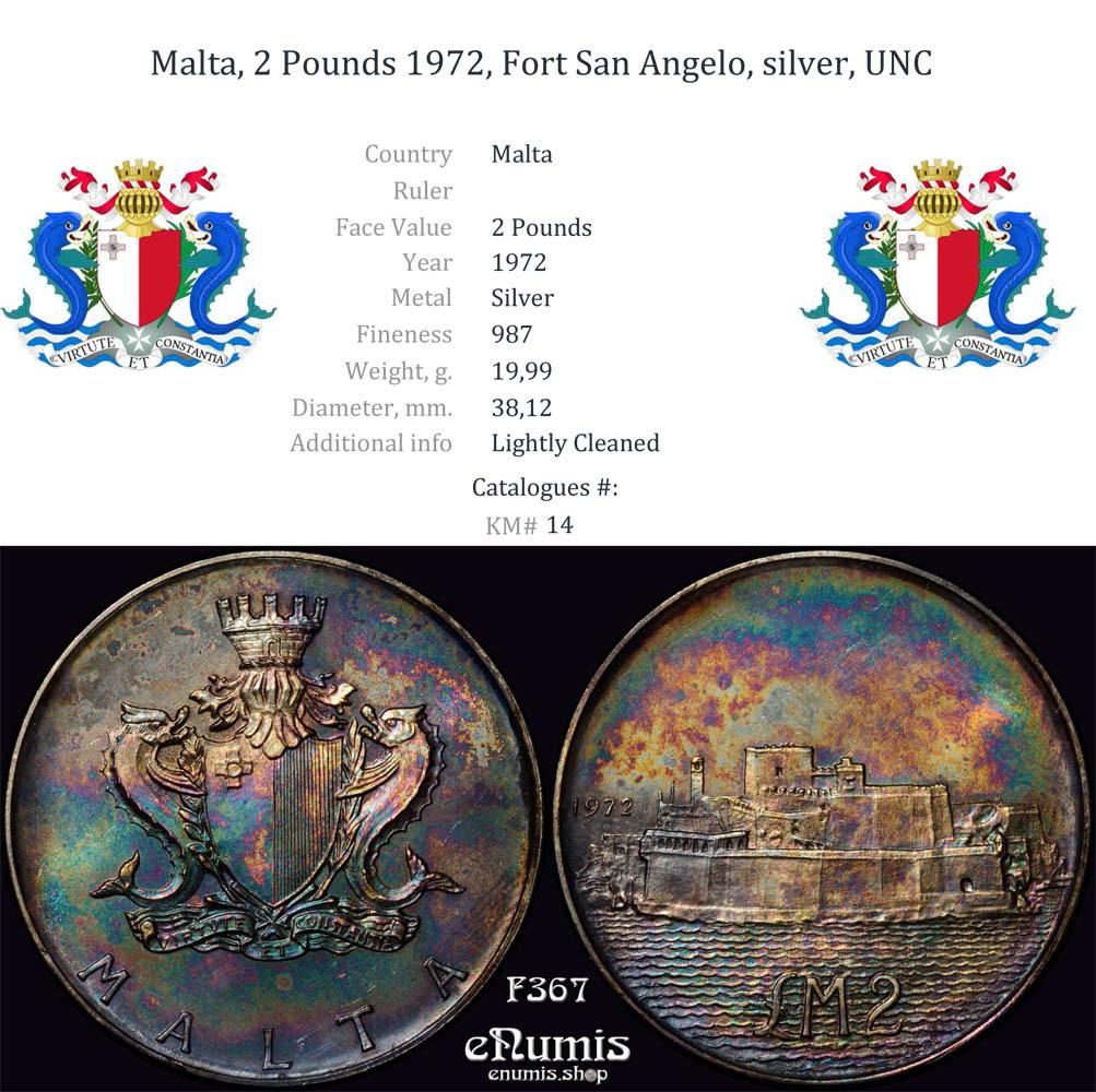 Malta, 2 Pounds 1972, Fort San Angelo, silver, UNC