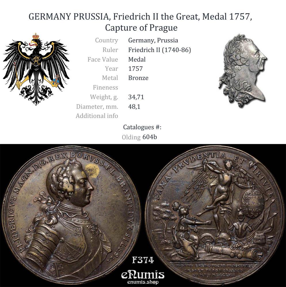 GERMANY PRUSSIA, Friedrich II the Great, Medal 1757, Capture of Prague