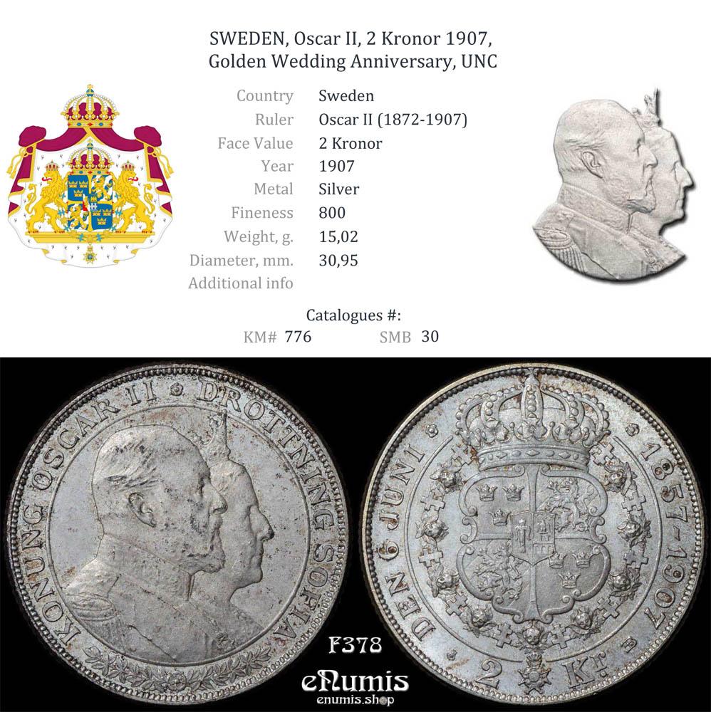 SWEDEN, Oscar II, 2 Kronor 1907, Golden Wedding Anniversary, UNC