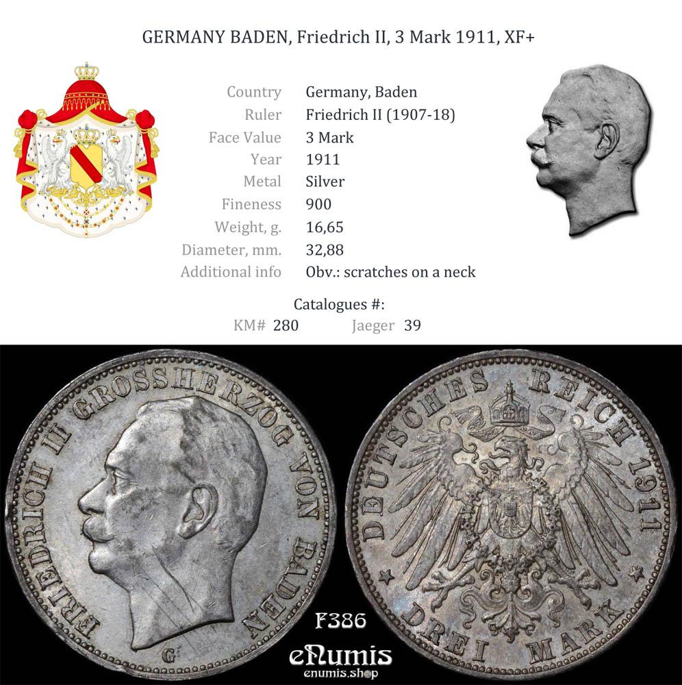 GERMANY BADEN, Friedrich II, 3 Mark 1911, XF+