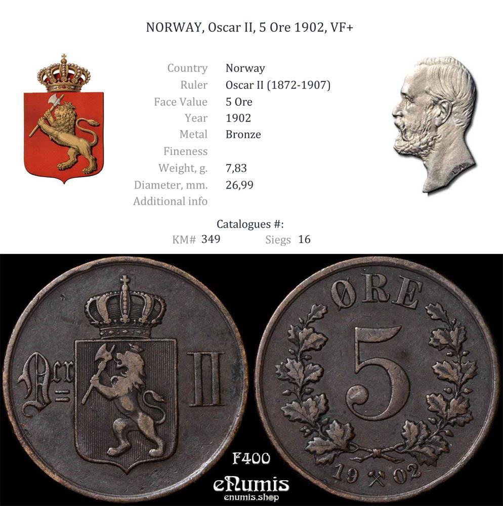 NORWAY, Oscar II, 5 Ore 1902, VF+