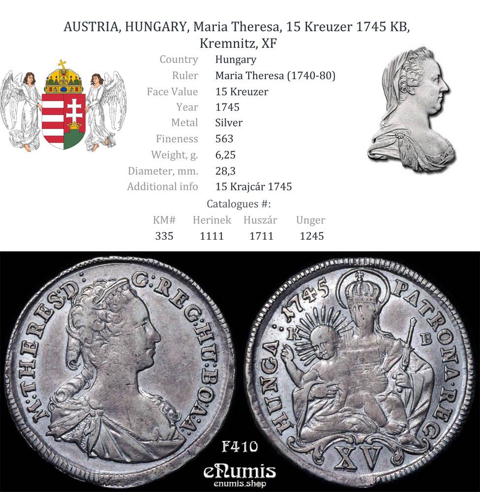AUSTRIA, HUNGARY, Maria Theresa, 15 Kreuzer 1745 KB, Kremnitz, XF