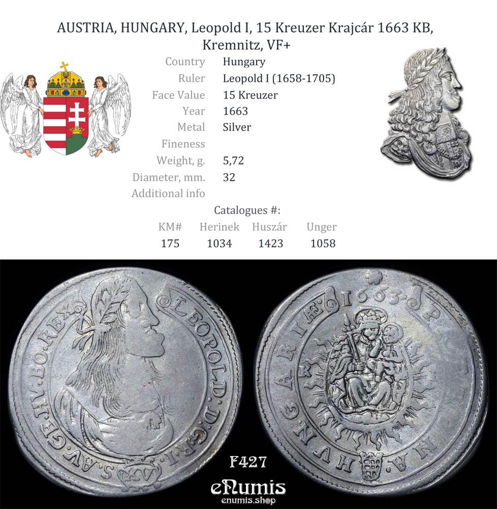 AUSTRIA, HUNGARY, Leopold I, 15 Kreuzer Krajcár 1663 KB, Kremnitz, VF+