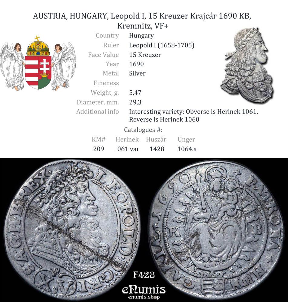 AUSTRIA, HUNGARY, Leopold I, 15 Kreuzer Krajcár 1690 KB, Kremnitz, VF+
