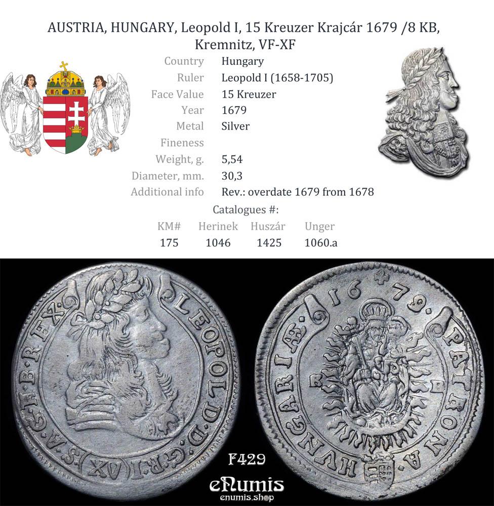 AUSTRIA, HUNGARY, Leopold I, 15 Kreuzer Krajcár 1679 /8 KB, Kremnitz, VF-XF