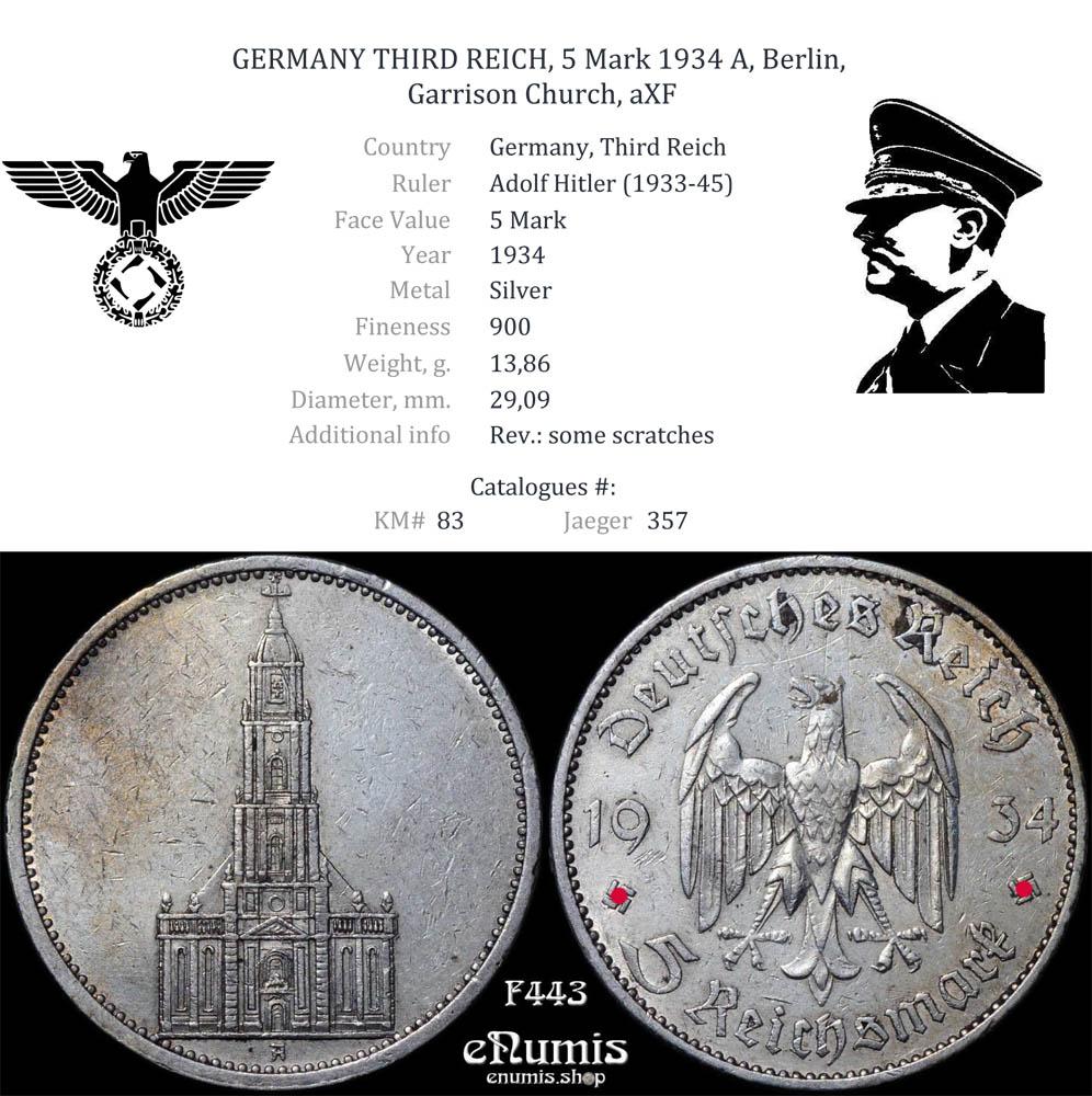 GERMANY THIRD REICH, 5 Mark 1934 A, Berlin, Garrison Church, aXF