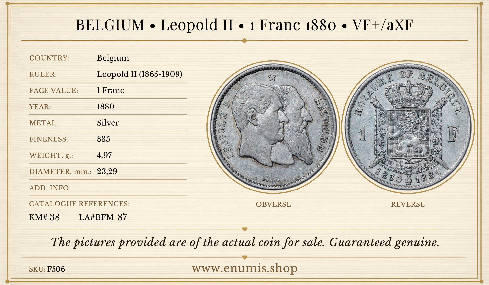 BELGIUM, Leopold II, 1 Franc 1880, VF+/aXF